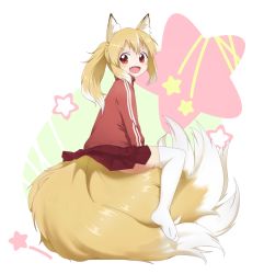 Rule 34 | &gt;:), &gt;:d, 1girl, :d, animal ears, blonde hair, fang, fox ears, fox tail, jacket, jersey, multiple tails, naraba yueni, open mouth, orange eyes, original, ponytail, short hair, skirt, smile, solo, star (symbol), tail, tail chair, thighhighs, track jacket, twintails, v-shaped eyebrows