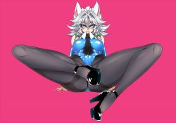 Rule 34 | 1girl, bare shoulders, blue eyes, blush, braid, breasts, cameltoe, covered erect nipples, detached collar, elbow gloves, full body, gloves, hair ribbon, high heels, izayoi sakuya, kittysuit, large breasts, leotard, lips, maid headdress, necktie, nontraditional playboy bunny, pantyhose, parted lips, pink background, ribbon, shiny clothes, short hair, silver hair, simple background, skin tight, smile, solo, spread legs, tajima yuuki, teeth, thighband pantyhose, thighs, touhou