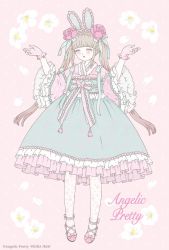 Rule 34 | 1girl, 2020, ad, angelic pretty, animal ears, bow, brown hair, copyright name, dress, fashion, flower, footwear bow, frilled sleeves, frills, gloves, green dress, hair flower, hair ornament, hairband, half gloves, hands up, highres, japanese clothes, kimono, kira imai, leggings, lolita fashion, lolita hairband, lolita kimono, long hair, obi, official art, pink background, pink bow, pink eyes, pink footwear, postcard, print leggings, product placement, rabbit ears, real life, sash, shrugging, solo, tassel, twintails