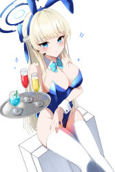 Rule 34 | 1girl, absurdres, animal ears, blonde hair, blue archive, blue eyes, blue leotard, bow, bowtie, braid, breasts, cleavage, cup, detached collar, drink, drinking glass, fake animal ears, french braid, groin, halo, highleg, highleg leotard, highres, holding, holding tray, kaminose (user veum4325), large breasts, leotard, long hair, microphone, official alternate costume, official alternate hairstyle, playboy bunny, rabbit ears, sitting, solo, straight hair, thighhighs, thighs, toki (blue archive), toki (bunny) (blue archive), tray, very long hair, white thighhighs, wrist cuffs