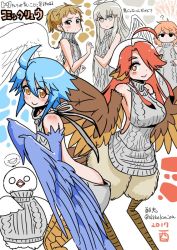 Rule 34 | 10s, 2017, 5girls, ahoge, bare back, bird, blue wings, breasts, brown eyes, brown hair, centaur no nayami, character request, crossover, feathered wings, flat chest, grey eyes, hair over one eye, halo, harpy, head scarf, head wings, hitomi sensei no hokenshitsu, long hair, manami mitama, medium breasts, meme attire, monster girl, monster musume no iru nichijou, multiple crossover, multiple girls, orange eyes, orange hair, papi (monster musume), pigeon, red hair, rin (torikissa!), scales, shake-o, shiny skin, short ponytail, silver hair, smile, talons, tobita hina, torikissa!, trait connection, translation request, twitter username, virgin killer sweater, white wings, winged arms, wings