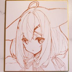Rule 34 | 1girl, ahoge, animal ears, borrowed character, collarbone, commentary request, hair between eyes, hair ornament, hairclip, highres, long hair, looking at viewer, original, p19, parted lips, photo (medium), sakurada shiro (hy plus), solo, traditional media, upper body