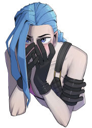 Rule 34 | 1girl, arm belt, bare shoulders, belt, black gloves, blue eyes, blue hair, blush, collarbone, crying, crying with eyes open, gloves, grey background, hands on own face, jinx (league of legends), league of legends, long hair, ohasi, simple background, solo, tears, upper body