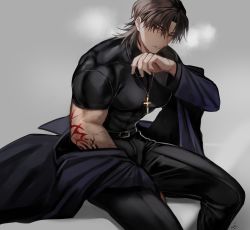 Rule 34 | 1boy, absurdres, bad id, bad twitter id, black pants, black shirt, breath, brown hair, coat, command spell, covered abs, covered navel, cross, cross necklace, fate/stay night, fate (series), highres, jewelry, kotomine kirei, large pectorals, male focus, medium hair, muscular, muscular male, necklace, open clothes, open coat, pants, pectorals, priest, rijjin, shiny clothes, shirt, skin tight, solo, taut clothes, taut shirt