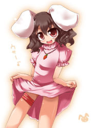 Rule 34 | 1girl, animal ears, black hair, carrot necklace, dress, female focus, inaba tewi, looking at viewer, necklace, pink dress, puffy short sleeves, puffy sleeves, rabbit ears, red eyes, shirogane (platinum), short sleeves, solo, standing, thigh strap, touhou