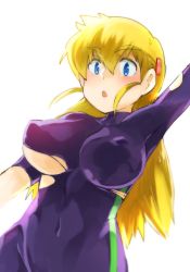 Rule 34 | 1girl, arm up, blonde hair, blue eyes, blush, bodysuit, breasts, commentary request, covered collarbone, covered erect nipples, covered navel, fuurinji miu, hair down, hair ornament, hairclip, hannpen5500, large breasts, long hair, looking at viewer, open mouth, shijou saikyou no deshi ken&#039;ichi, simple background, skin tight, solo, standing, torn bodysuit, torn clothes, upper body, white background