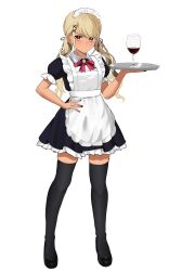 Rule 34 | 1girl, 4kebidayo, absurdres, alcohol, alternate costume, apron, black dress, black footwear, black nails, black thighhighs, blonde hair, blush, bow, bowtie, cup, dark-skinned female, dark skin, dress, drinking glass, ear piercing, enmaided, frilled apron, frills, frown, full body, gyaru, hair ornament, hand on own hip, high heels, highres, holding, holding tray, kaminari qpi, lightning bolt piercing, long hair, looking at viewer, low twintails, maid, maid apron, maid headdress, orange eyes, piercing, puffy short sleeves, puffy sleeves, red bow, red bowtie, shoes, short sleeves, simple background, solo, standing, swept bangs, thighhighs, tray, twintails, v-shaped eyebrows, virtual youtuber, vspo!, white apron, white background, wine, wine glass, wing collar, x hair ornament, zettai ryouiki
