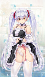 Rule 34 | 1girl, bare shoulders, blush, breasts, brown eyes, clothes lift, detached sleeves, garter belt, highres, hoshino ruri, kidou senkan nadesico, kiyama satoshi, lifting own clothes, long hair, looking at viewer, maid headdress, panties, parted lips, see-through, silver hair, skirt, skirt lift, solo, thighhighs, twintails, underwear, very long hair, white panties, white thighhighs