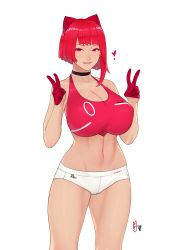 Rule 34 | 1girl, abs, absurdres, asymmetrical hair, bare shoulders, blunt bangs, breasts, cleavage, collarbone, commentary request, double v, gloves, half gloves, hands up, heart, highres, huge breasts, korean commentary, looking at viewer, midriff, mole, mole on arm, mole on breast, mole on stomach, mole under mouth, navel, original, parted lips, red eyes, red gloves, red hair, short hair, short shorts, shorts, simple background, smile, solo, sports bra, sportswear, standing, stomach, thighs, v, white background, white shorts, zcune
