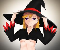 Rule 34 | 1girl, breasts, closed mouth, collarbone, female focus, hat, headwear request, love live!, love live! superstar!!, medium hair, orange hair, purple eyes, roswell ss, seductive smile, self-upload, shibuya kanon, small breasts, smile, smug, stomach, underboob, witch, witch hat