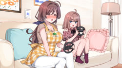 Rule 34 | 2girls, absurdres, age difference, ahoge, apron, bekotarou, blue eyes, blush, breasts, breath, brown eyes, brown hair, checkered apron, checkered clothes, cleavage, controller, couch, drawing (object), dress, embarrassed, feet, female focus, frilled pillow, frills, hands up, highres, holding, holding controller, indoors, large breasts, legs, long hair, looking at another, looking away, looking to the side, low ponytail, mankai kaika, mature female, medium hair, mother and daughter, multiple girls, nose blush, open mouth, original, parted lips, pillow, playing games, sex toy, sitting, socks, thighs, vibrator, vibrator under clothes