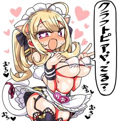 Rule 34 | 1girl, :d, ahoge, animal ears, blonde hair, blush, breasts, cat ears, cat tail, commentary request, garter straps, heart, heart-shaped pupils, kanikama, large breasts, long hair, looking at viewer, lowres, maid headdress, nijisanji, open mouth, purple eyes, smile, solo, speech bubble, sweat, symbol-shaped pupils, tail, takamiya rion, thighhighs, translated, v, virtual youtuber