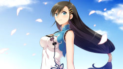 Rule 34 | 1girl, absurdres, black hair, blade arcus from shining, blue eyes, breasts, cleavage, highres, long hair, low-tied long hair, pairon, shining (series), solo, tony taka, very long hair