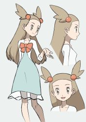 Rule 34 | 1girl, bad id, bad twitter id, bow, brown eyes, creatures (company), dress, full body, game freak, gym leader, hair ornament, highres, jasmine (pokemon), light brown hair, long dress, long hair, looking at viewer, looking to the side, multiple views, nintendo, orange bow, pokemon, pokemon hgss, smile, standing, yoshi (moco1)