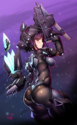 Rule 34 | 1girl, alice gear aegis, arm up, armor, ass, black bodysuit, black gloves, blush, bodysuit, breasts, brown eyes, closed mouth, commentary request, doyouwantto, floating island, from behind, gloves, glowing, gun, headgear, highres, holding, holding gun, holding weapon, large breasts, light particles, looking at viewer, looking back, niiya serina, purple background, purple hair, short hair, shoulder armor, signature, skin tight, smile, solo, trigger discipline, weapon