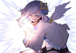 Rule 34 | 1girl, amane kanata, angel wings, blue ribbon, eye trail, feathered wings, frilled skirt, frilled sleeves, frills, hair ornament, halo, highres, hololive, incoming attack, light trail, long sleeves, looking at viewer, mikan (chipstar182), multicolored hair, open mouth, purple eyes, ribbon, sailor collar, short hair, skirt, sleeves rolled up, solo, star halo, streaked hair, virtual youtuber, white hair, white wings, wings