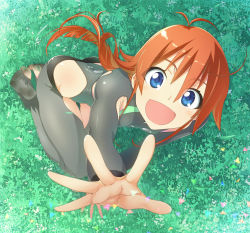 Rule 34 | 1girl, :d, absurdres, arm up, barefoot, blue eyes, blush, dirty, dirty feet, feet, flip flappers, from above, grass, highres, kneeling, long hair, looking up, open mouth, orange hair, outstretched arm, outstretched hand, palms, papika (flip flappers), short hair, smile, soles, solo, toeless legwear, toes, urepito honke