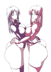 Rule 34 | 2girls, ass, bottomless, breast press, breasts, butt crack, commentary request, female focus, highres, huge ass, large breasts, long hair, looking at viewer, monochrome, multiple girls, original, overexposure, ponytail, sidelocks, simple background, symmetrical docking, symmetry, thick thighs, thighs, white background, zippo