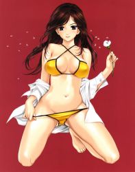 Rule 34 | 1girl, absurdres, bad id, bad yandere id, barefoot, bikini, bikini pull, bikini under clothes, blush, breasts, brown hair, buttons, cleavage, clothes pull, covered erect nipples, criss-cross halter, dandelion, dress shirt, dutch angle, earrings, flower, groin, halterneck, happoubi jin, highres, jewelry, kneeling, large breasts, lips, lipstick, long hair, looking at viewer, lowleg, lowleg bikini, makeup, navel, off shoulder, open clothes, open shirt, parted lips, purple eyes, red background, scan, shirt, shirt pull, smile, solo, string bikini, swimsuit, swimsuit under clothes, unbuttoned, unbuttoned shirt, upper body, wallpaper, yellow bikini