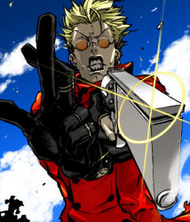 Rule 34 | 1boy, agl arms .45 long colt, blonde hair, break-action revolver, cloud, coat, crossed fingers, day, earrings, foreshortening, gloves, grimace, gun, handgun, high collar, jewelry, lens flare, long coat, low bore axis revolver, male focus, manly, miwa shirow, red coat, revolver, short hair, sky, solo, spiked hair, sunglasses, teeth, trigun, vash the stampede, weapon