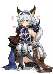 Rule 34 | &gt;:t, 10s, 1girl, :t, animal ears, armor, armored boots, armored dress, black gloves, blush, boots, braid, breasts, cat ears, cat girl, cleavage, dress, erune, female focus, fingerless gloves, full body, gloves, granblue fantasy, hair between eyes, hairband, heles, high heel boots, high heels, knees together feet apart, large breasts, long hair, looking away, looking to the side, neo-masterpeacer, panties, pantyshot, shoulder pads, silver hair, simple background, single braid, solo, spikes, squatting, underwear, v-shaped eyebrows, vambraces, very long hair, white background, white panties, yellow eyes