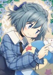 Rule 34 | 1girl, absurdres, black necktie, blue bow, blue eyes, blue hair, blue shirt, blue skirt, blush, bow, character name, checkered clothes, closed mouth, commentary request, food-themed pillow, hair bow, high-waist skirt, highres, itou (ankocha-mgmg), long sleeves, mahou shoujo madoka magica, mahou shoujo madoka magica (anime), miki sayaka, necktie, puffy long sleeves, puffy sleeves, shirt, short hair, skirt, smile, solo, upper body