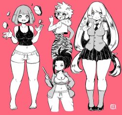 Rule 34 | 10s, 4girls, :d, antennae, ashido mina, ass, back, bare shoulders, bodysuit, boku no hero academia, breasts, cleavage, curvy, domino mask, feet, full body, greyscale, greyscale with colored background, hadou nejire, jacket, kenron toqueen, large breasts, long hair, looking at viewer, mask, medium breasts, midriff, monochrome, multiple girls, navel, open mouth, pink background, pleated skirt, rock, school uniform, short hair, simple background, skirt, smile, tank top, thick thighs, thighs, thumbs up, uraraka ochako, very long hair, waving, wide hips, yaoyorozu momo