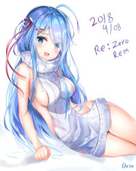 Rule 34 | 10s, 1girl, absurdres, ahoge, alternate costume, alternate hair length, alternate hairstyle, arm support, artist name, bad id, bad pixiv id, blue eyes, blue hair, blush, breasts, character name, commentary request, dana (hapong07), dated, hair ornament, hair over one eye, hair ribbon, highres, looking at viewer, medium breasts, meme attire, mole, mole on breast, open mouth, re:zero kara hajimeru isekai seikatsu, reclining, rem (re:zero), ribbon, sideboob, sidelocks, signature, simple background, solo, sweater, turtleneck, turtleneck sweater, virgin killer sweater, white background, x hair ornament