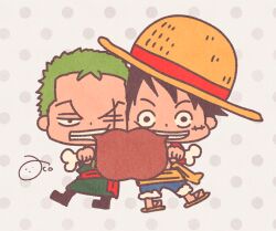 Rule 34 | 2boys, aco peda, black eyes, black hair, cheek-to-cheek, chibi, commentary request, eating, facial scar, food, full body, green hair, grey background, hat, heads together, holding, holding food, looking at viewer, male focus, monkey d. luffy, multiple boys, one eye closed, one piece, polka dot, polka dot background, roronoa zoro, scar, scar across eye, scar on cheek, scar on face, sharing food, short hair, side-by-side, sideburns, smile, straw hat