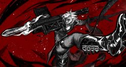 Rule 34 | 1boy, belt boots, boots, contrapposto, dante (devil may cry), debris, devil may cry, devil may cry (series), devil may cry 2, grey eyes, greyscale with colored background, hallot, highres, holding, holding sword, holding weapon, male focus, medium hair, missile pod, partially colored, red background, rocket launcher, silhouette, smile, smoke, solo, spot color, sword, weapon, white hair