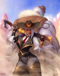 Rule 34 | 1girl, arm tattoo, ashe (overwatch), asymmetrical hair, back-to-back, barretxiii, between breasts, black gloves, black nails, bob (overwatch), bowler hat, breasts, chaps, coattails, contrapposto, cowboy hat, cowboy shot, day, eyeliner, fingerless gloves, gloves, glowing, glowing eyes, green eyes, gun, hair over one eye, hat, height difference, highres, holding, holding gun, holding weapon, lever action, lips, lipstick, looking at viewer, makeup, medium breasts, mini hat, mole, mole above mouth, nail polish, narrow waist, necktie, necktie between breasts, omnic, outdoors, over shoulder, overwatch, overwatch 1, pants, red eyes, rifle, robot, sleeves pushed up, standing, tattoo, waistcoat, weapon, weapon over shoulder, white hair