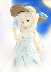Rule 34 | 10s, 1girl, ;), absurdres, animal ears, arm behind head, armpits, bare shoulders, blue eyes, blue sky, blunt bangs, cat ears, cloud, day, dress, hat, hat ribbon, highres, light rays, long hair, low twintails, nekopara, one eye closed, ribbon, sky, smile, solo, straw hat, sun, sun hat, sundress, sylux, twintails, vanilla (nekopara), very long hair, white dress, white hair