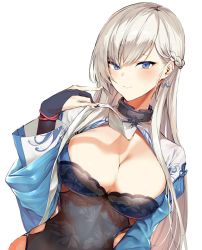 Rule 34 | 1girl, alternate costume, azur lane, belfast (azur lane), belfast (iridescent rosa) (azur lane), belfast (iridescent rosa) (azur lane), blue eyes, blush, braid, breasts, chain, china dress, chinese clothes, cleavage, collar, dress, earrings, hand up, heart, heart earrings, highres, hiiragi yuuichi, jewelry, large breasts, long hair, looking at viewer, shrug (clothing), sidelocks, silver hair, simple background, smile, solo, sweatdrop, upper body, white background