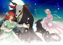 Rule 34 | 1boy, 2girls, anco mhym, blonde hair, capelet, closed mouth, dog, dress, earrings, elias ainsworth, eye contact, flower, full moon, gloves, green dress, green eyes, hair between eyes, hair flower, hair ornament, hatori chise, holding hands, jewelry, long dress, looking at another, mahou tsukai no yome, moon, multiple girls, pink capelet, pleated dress, red eyes, red hair, ruth (mahou tsukai no yome), see-through, short hair, short sleeves, silky (mahou tsukai no yome), skirt hold, smile, white dress, white flower, white gloves