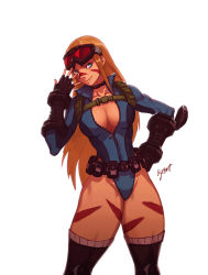 Rule 34 | 1girl, alternate costume, alternate hairstyle, artist name, belt pouch, black thighhighs, blonde hair, blue eyes, blue leotard, breasts, cammy white, choker, cleavage, facepaint, fingerless gloves, gloves, goggles, goggles on head, hair down, hand on own hip, highleg, highleg leotard, knee pads, large breasts, leotard, liyart, long hair, no bra, pouch, solo, street fighter, street fighter v, thick thighs, thighhighs, thighs, unzipped, white background