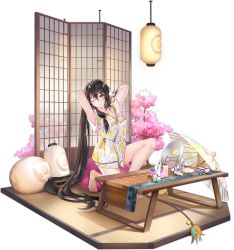 Rule 34 | 1girl, arms up, azur lane, black hair, cherry blossoms, criin (659503), hair between eyes, highres, horns, kneeling, lantern, long hair, looking at viewer, mikasa (azur lane), mikasa (reverence for rest and relaxation) (azur lane), official alternate costume, official art, one eye closed, parted lips, solo, transparent background, umbrella, very long hair, yellow eyes