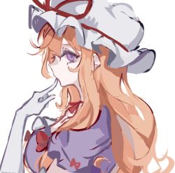 Rule 34 | 1girl, blonde hair, breasts, finger to mouth, from side, gloves, hat, hat ribbon, highres, large breasts, long hair, mob cap, purple eyes, purple shirt, red ribbon, ribbon, shindiyue, shirt, short sleeves, simple background, solo, touhou, white background, white gloves, white hat, yakumo yukari