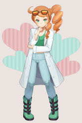 Rule 34 | 1girl, ahoge, arm under breasts, blue pants, blush, boots, breasts, cleaver, coat, commentary, creatures (company), cropped shirt, denim, drill hair, eyelashes, eyewear on head, full body, game freak, green eyes, green footwear, green shirt, grey background, hair ornament, hand on own arm, hand on own chin, heart, heart hair ornament, jacket, jeans, lab coat, legs apart, long hair, long jacket, long sleeves, looking at viewer, medium breasts, midriff, nintendo, orange hair, pants, pigeon-toed, pokemon, pokemon swsh, purea, ribbed shirt, shirt, side ponytail, smile, solo, sonia (pokemon), standing, striped, sunglasses, vertical stripes, white background, white jacket
