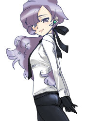 Rule 34 | 1girl, anabel (pokemon), arms behind back, ass, bad id, bad pixiv id, belt, black belt, black gloves, black necktie, black pants, black ribbon, breasts, buttons, closed eyes, collared shirt, cowboy shot, creatures (company), earbuds, earphones, flat ass, game freak, gloves, hair ribbon, lips, long hair, long sleeves, looking at viewer, low ponytail, necktie, nintendo, no jacket, own hands together, pants, parted bangs, pokemon, pokemon sm, purple eyes, purple hair, ribbon, shirt, simple background, small breasts, smile, solo, standing, torimeiro, white background, white shirt