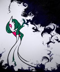 Rule 34 | 1girl, arm up, blurry, bob cut, bright pupils, colored skin, creatures (company), dissolving, female focus, flat chest, from side, game freak, gardevoir, gen 3 pokemon, green hair, green skin, grey background, hair over one eye, highres, leaning forward, looking back, lotosu, multicolored skin, nintendo, no mouth, outstretched arm, pokemon, pokemon (creature), red eyes, short hair, smoke, solo, standing, two-tone skin, white pupils, white skin