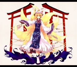 Rule 34 | 1girl, asawa (dm owr), bad id, bad pixiv id, blonde hair, dress, female focus, fox tail, hat, hat with ears, highres, letterboxed, long sleeves, multiple tails, ofuda, red eyes, short hair, simple background, solo, spell card, tabard, tail, torii, touhou, walking, white background, white dress, yakumo ran