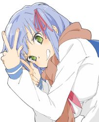 Rule 34 | 1girl, absurdres, bad id, bad twitter id, blue hair, breasts, copyright request, donguri suzume, fingernails, green eyes, grin, hair ribbon, hand up, highres, large breasts, long sleeves, looking at viewer, neckerchief, orange scarf, red neckerchief, red ribbon, ribbon, scarf, shirt, simple background, smile, solo, w, white background, white shirt