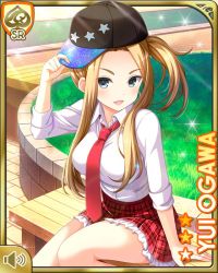 Rule 34 | 1girl, baseball cap, bench, blonde hair, breasts, card, character name, girlfriend (kari), grey eyes, hat, large breasts, long hair, necktie, official art, ogawa yui (girlfriend kari), open mouth, outdoors, park, plaid, plaid skirt, qp:flapper, red necktie, red skirt, school uniform, shirt, side ponytail, sitting, skirt, smile, solo, tagme, white shirt