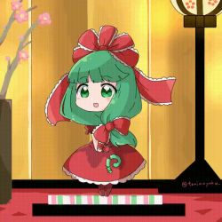 Rule 34 | 1girl, animated, animated gif, arm ribbon, bow, brown footwear, chibi, flower, frilled bow, frilled ribbon, frills, front ponytail, full body, green eyes, green hair, hair bow, hair ribbon, indoors, kagiyama hina, lamp, long hair, open mouth, pink flower, pot, puffy short sleeves, puffy sleeves, red bow, red ribbon, red shirt, red skirt, ribbon, shirt, short sleeves, skirt, smile, solo, spinning, standing, tanikake yoku, touhou, twitter username, v arms