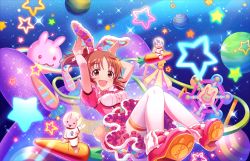 Rule 34 | 1girl, abe nana, animal ears, artist request, blush, cuffs, idolmaster, idolmaster cinderella girls, idolmaster cinderella girls starlight stage, looking at viewer, official art, open mouth, pink footwear, planet, ponytail, rabbit ears, rabbit girl, rabbit pose, shoes, short sleeves, sidelocks, smile, solo, star (symbol), thighhighs, white thighhighs