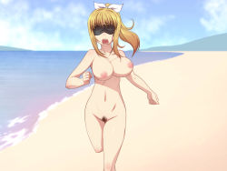 Rule 34 | 00s, 1girl, beach, blindfold, blonde hair, blush, breasts, completely nude, day, female pubic hair, large breasts, long hair, marin (umi monogatari), navel, nipples, nude, onigiri (ocelot), open mouth, outdoors, pubic hair, running, shimano natsume, solo, streaking, umi monogatari, uncensored, water