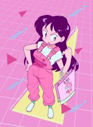 Rule 34 | 1girl, artist name, bag, bishoujo senshi sailor moon, bishoujo senshi sailor moon (first season), breasts, green socks, highres, hino rei, medium breasts, open mouth, overalls, pink background, pink eyes, pink overalls, scene reference, shopping bag, socks, solo, standing, toei animation, triangle, white footwear, yuki oto