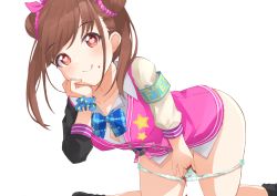 Rule 34 | 1girl, armband, bottomless, brown eyes, brown hair, chocolate, commentary request, double bun, female masturbation, fingering, hair bun, heart, heart-shaped pupils, idolmaster, idolmaster shiny colors, jacket, long sleeves, looking at viewer, masturbation, panties, panty pull, purple jacket, scrunchie, solo, sonoda chiyoko, symbol-shaped pupils, tukikataumemo, twintails, underwear, white background, wrist scrunchie