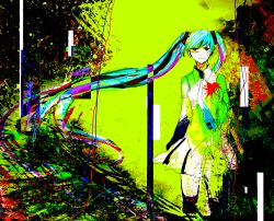 Rule 34 | 1girl, abstract, bad id, bad pixiv id, bare shoulders, detached sleeves, hatsune miku, heart, heart on chest, heterochromia, highres, long hair, multicolored hair, necktie, sakuma, sketch, skirt, solo, speed painting, thighhighs, very long hair, vocaloid