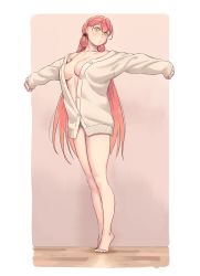 Rule 34 | 1girl, akashi (kancolle), alternate costume, blush, breasts, commentary, full body, green eyes, green panties, hair ribbon, highres, kantai collection, large breasts, long hair, long sleeves, looking at viewer, naked sweater, no bra, panties, pink hair, ribbon, simple background, solo, standing, sweater, symbol-only commentary, tress ribbon, underwear, very long hair, white background, yuuji (and)